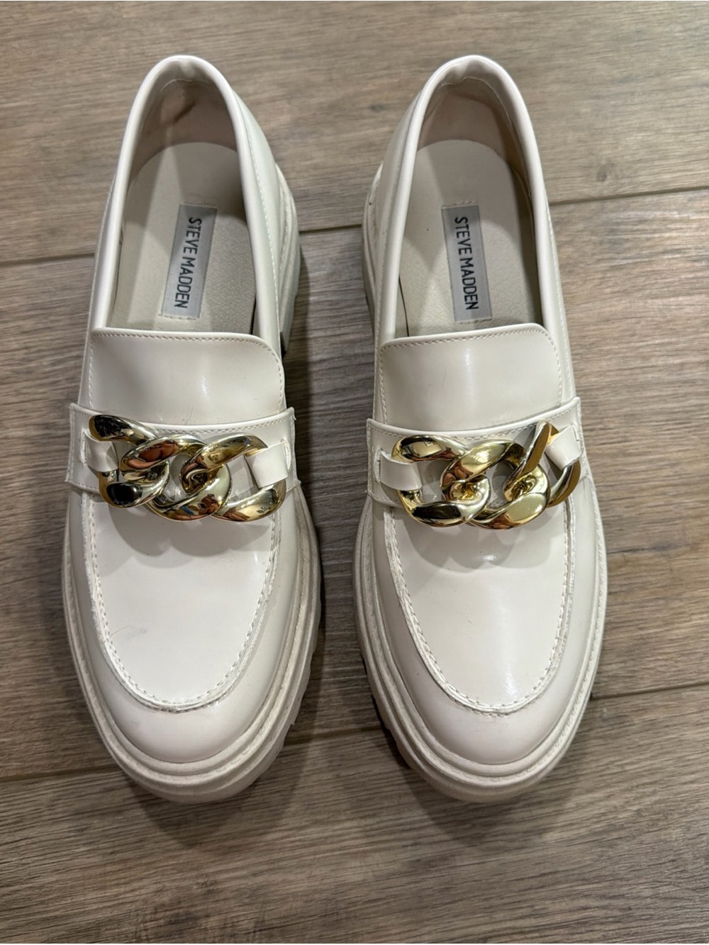 Steve Madden Cream Loafers with Gold Chain Accent